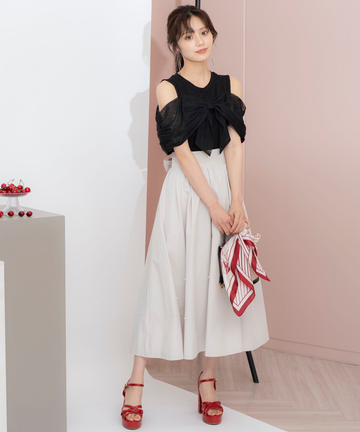 WILLSELECTION「バックリボンパールギャザースカート」|フレア|ベージュ