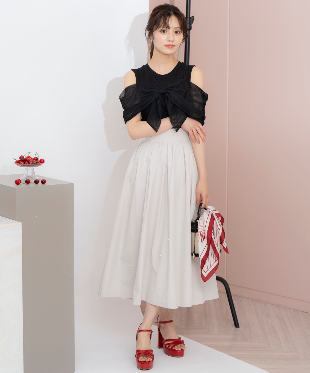 WILLSELECTION「バックリボンパールギャザースカート」|フレア|