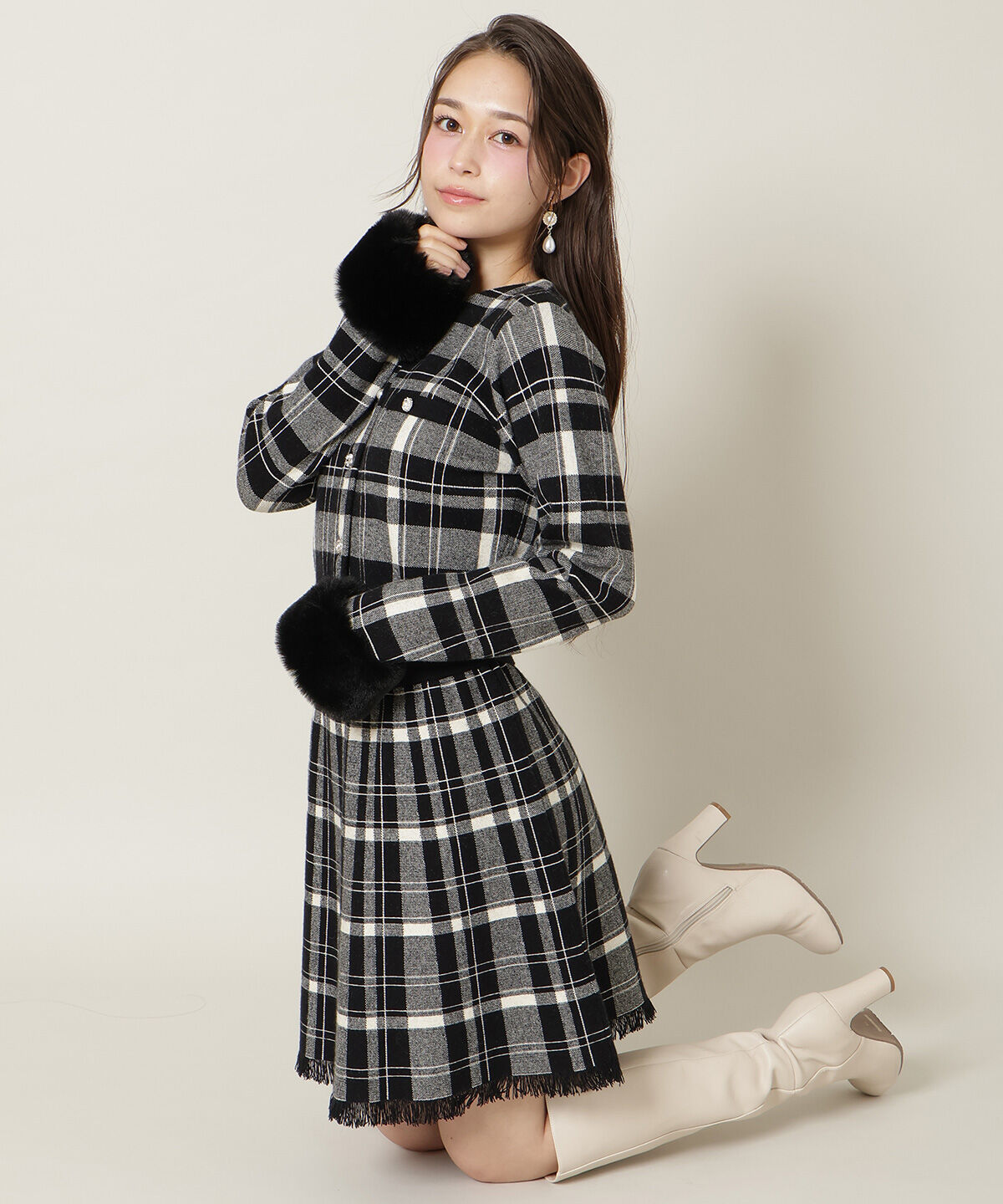 WILLSELECTION「チェック柄ファーカフスカーディガン」|カーディガン|