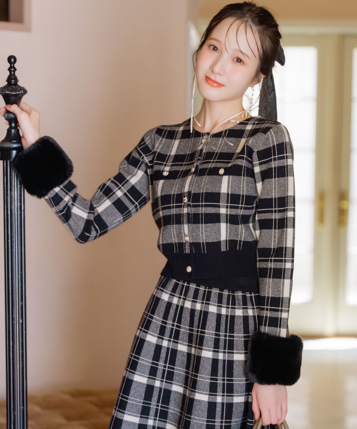 WILLSELECTION「チェック柄ファーカフスカーディガン」|カーディガン|