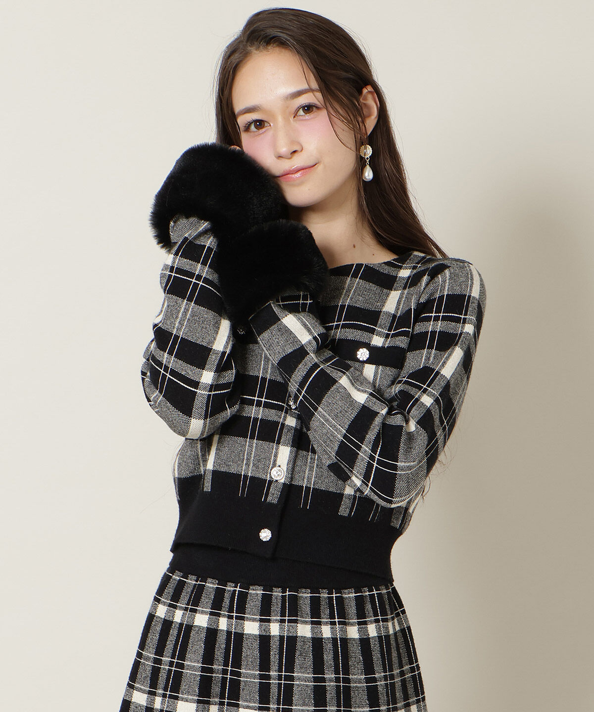 WILLSELECTION「チェック柄ファーカフスカーディガン」|カーディガン|