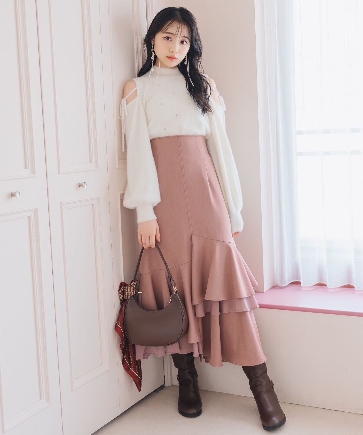 WILLSELECTION「アシンメトリーレイヤードヘムスカート」|フレア|ピンク