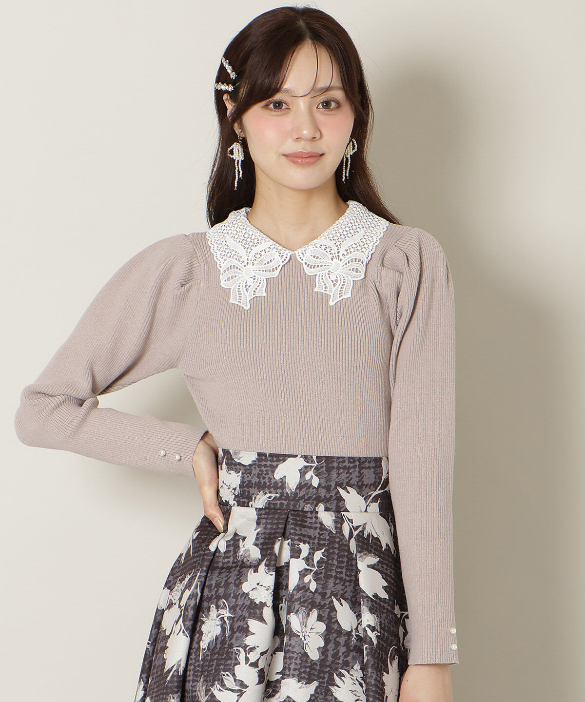 WILLSELECTION「リボンレースカラータックスリーブニット」|ニット・セーター|ピンク