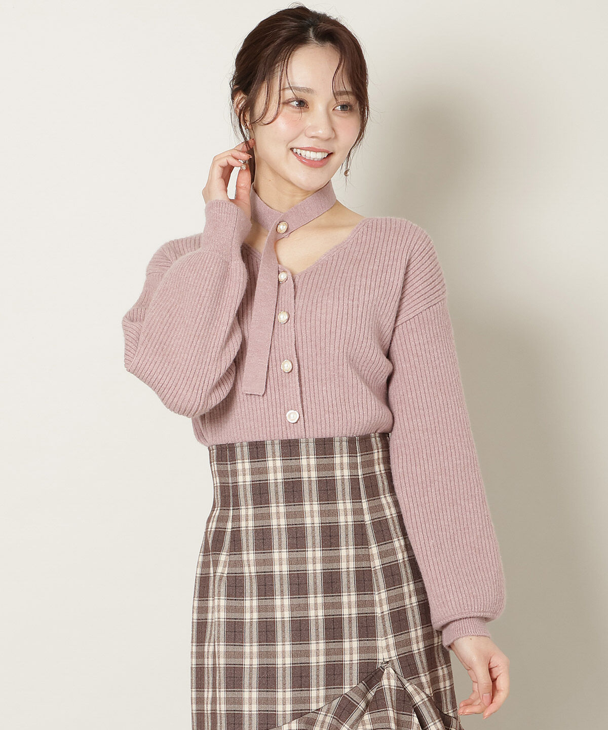 WILLSELECTION「Vネックチョーカーリブニット」|ニット・セーター|ピンク