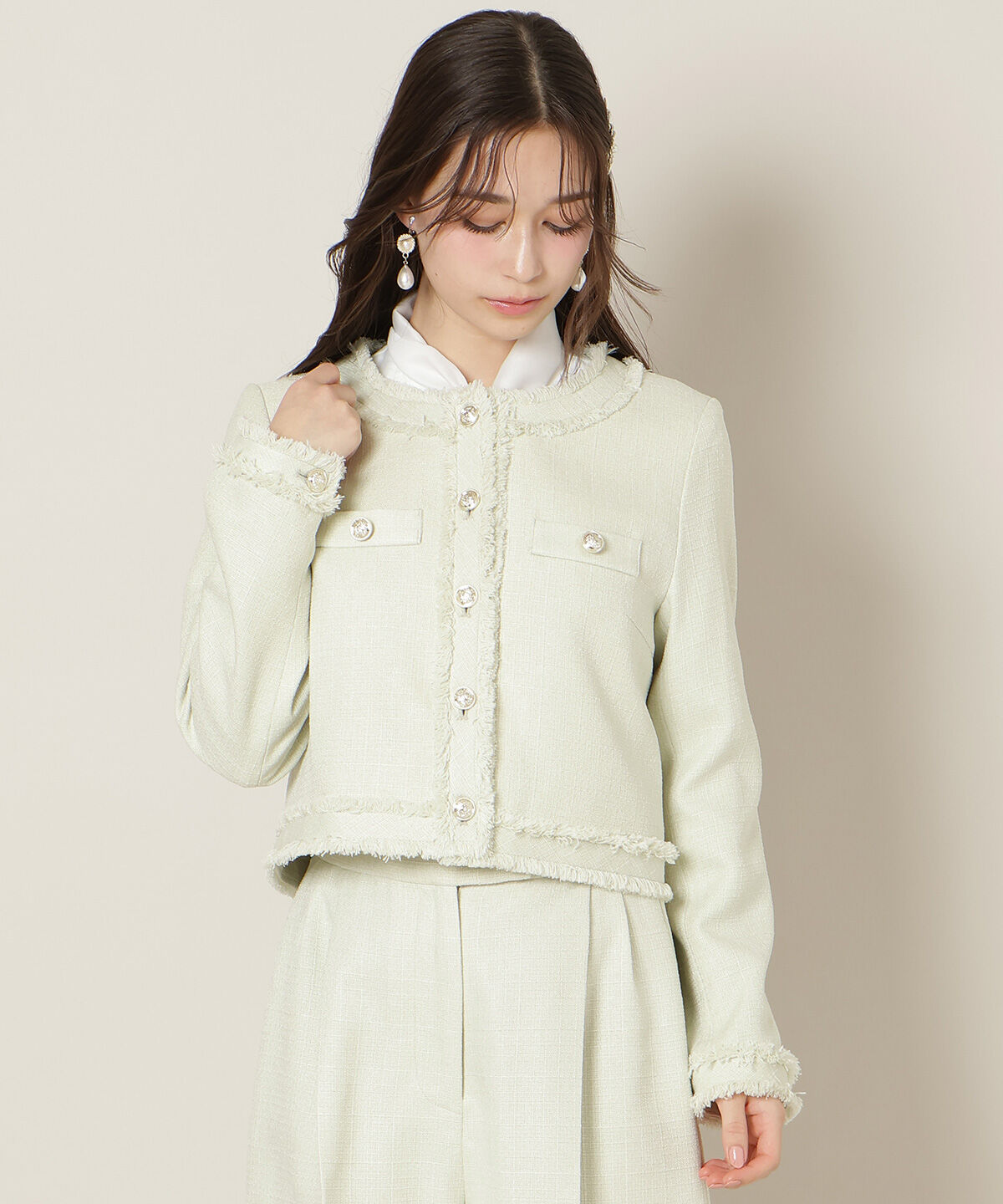 WILLSELECTION「ノーカラーフリンジツイードジャケット」|ノーカラージャケット|