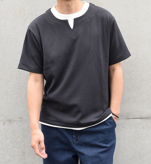 SHIPS any「【WEB限定】SHIPS any: キーネック ジャカード フェイクレイヤード Tシャツ◇」|Tシャツ・カットソー|