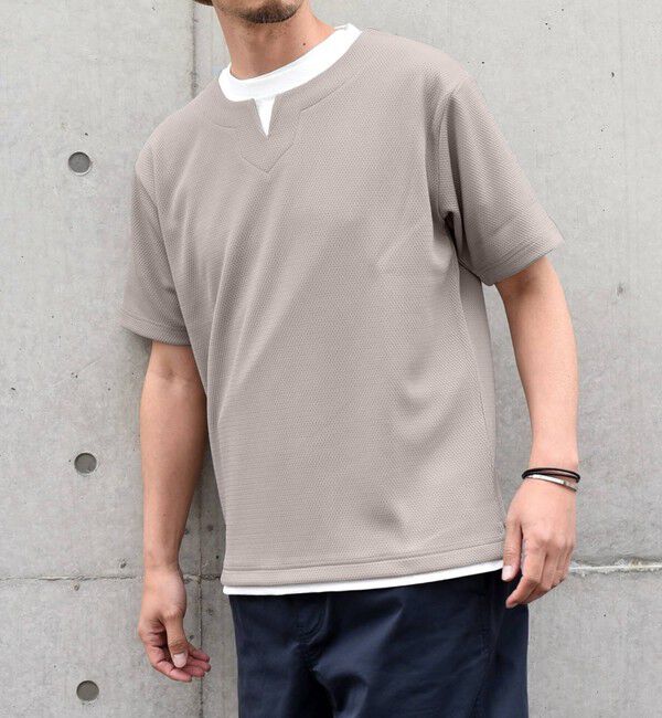 SHIPS any「【WEB限定】SHIPS any: キーネック ジャカード フェイクレイヤード Tシャツ◇」|Tシャツ・カットソー|