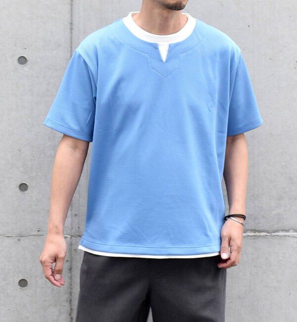 SHIPS any「【WEB限定】SHIPS any: キーネック ジャカード フェイクレイヤード Tシャツ◇」|Tシャツ・カットソー|