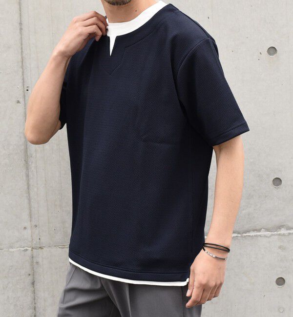 SHIPS any「【WEB限定】SHIPS any: キーネック ジャカード フェイクレイヤード Tシャツ◇」|Tシャツ・カットソー|