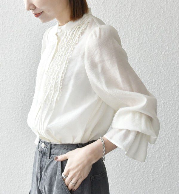 SHIPS any「SHIPS any:〈手洗い可能〉シアー フリル バンドカラー シャツ ブラウス」|シャツ・ブラウス|