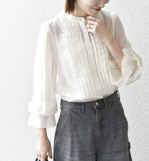 SHIPS any「SHIPS any:〈手洗い可能〉シアー フリル バンドカラー シャツ ブラウス」|シャツ・ブラウス|
