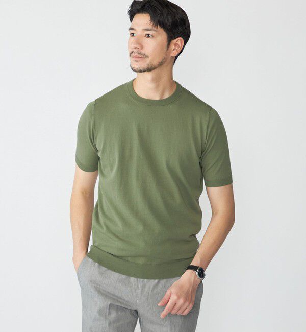 SHIPS「SHIPS: ICE COTTON クルーネック ショートスリーブ ニットTシャツ」|Tシャツ・カットソー|オリーブ