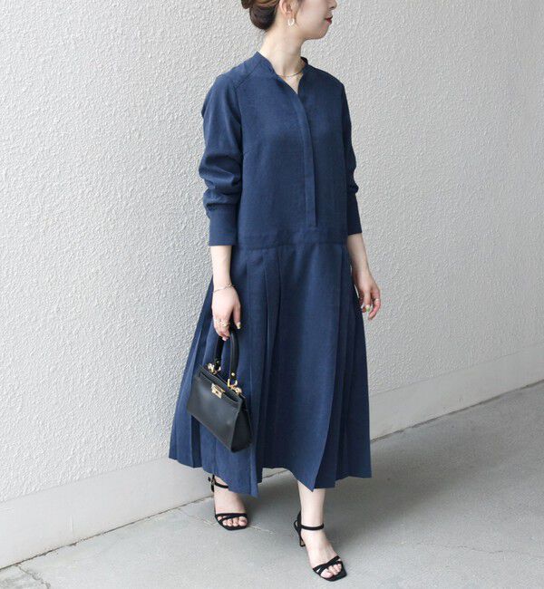 SHIPS any「SHIPS any:〈洗濯機可能〉ピーチスキン サイド プリーツ バンドカラー シャツ ワンピース」|ワンピース|