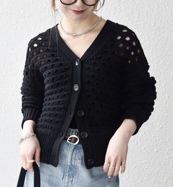SHIPS any「SHIPS any:〈手洗い可能〉コットン ミックス 透かし編み Vネック カーディガン」|カーディガン|ブラック
