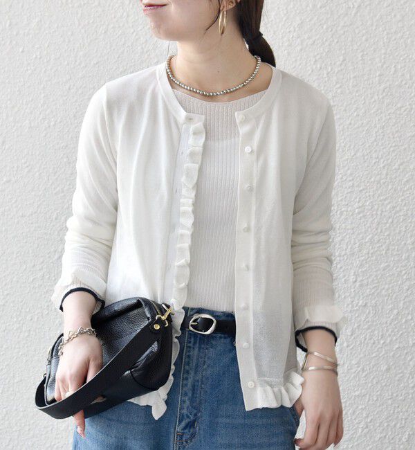 SHIPS any「《予約》SHIPS any:〈手洗い可能〉コットン ミックス シアー フリル カーディガン」|カーディガン|