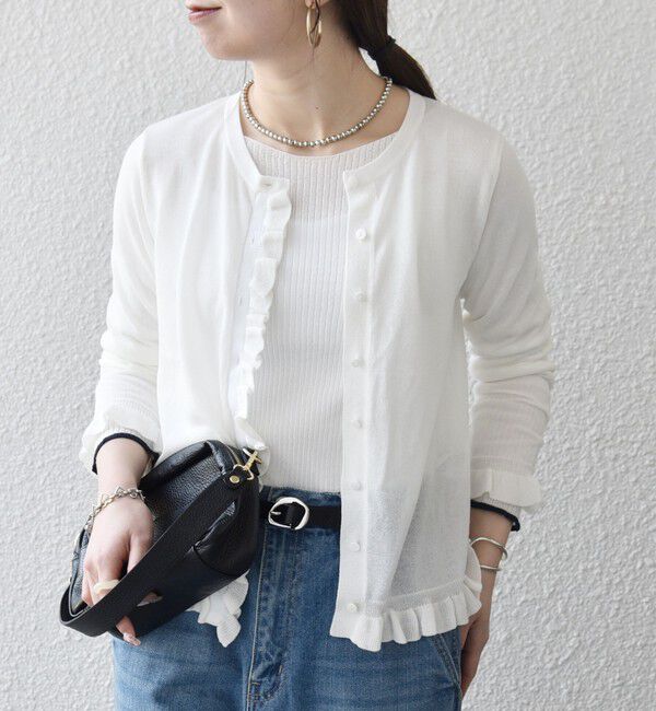 SHIPS any「《予約》SHIPS any:〈手洗い可能〉コットン ミックス シアー フリル カーディガン」|カーディガン|