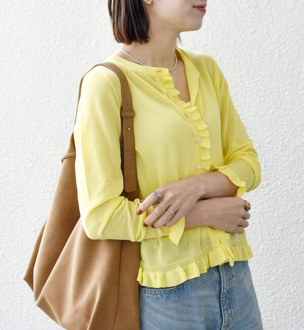 SHIPS any「《予約》SHIPS any:〈手洗い可能〉コットン ミックス シアー フリル カーディガン」|カーディガン|イエロー
