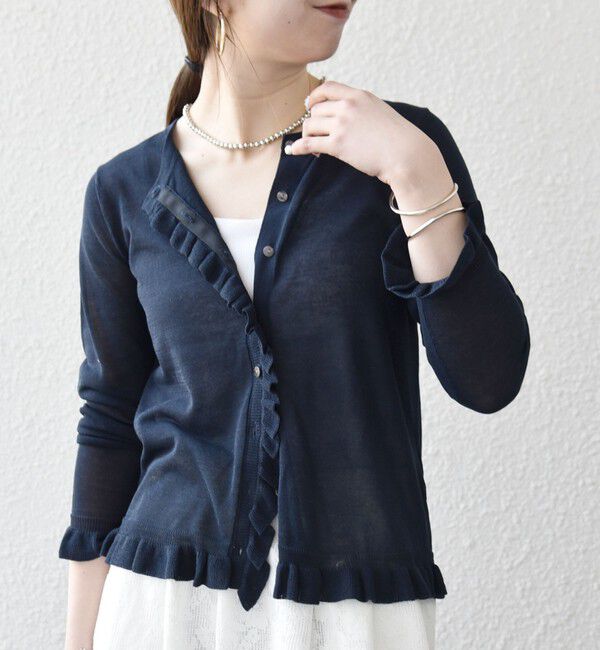 SHIPS any「《予約》SHIPS any:〈手洗い可能〉コットン ミックス シアー フリル カーディガン」|カーディガン|ネイビー
