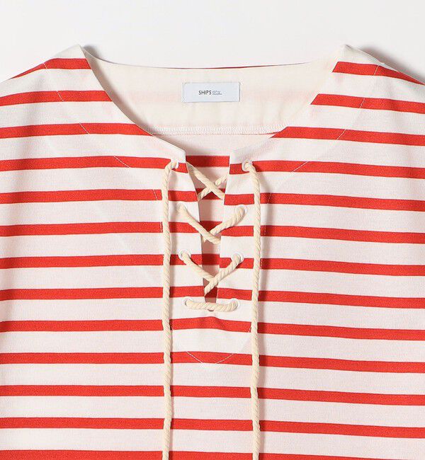 SHIPS any「《予約》SHIPS any:〈洗濯機可能〉マリンボーダー レースアップ ショートスリーブ TEE」|Tシャツ・カットソー|