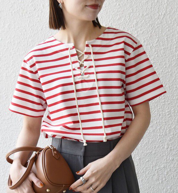 SHIPS any「《予約》SHIPS any:〈洗濯機可能〉マリンボーダー レースアップ ショートスリーブ TEE」|Tシャツ・カットソー|