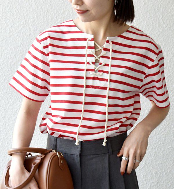 SHIPS any「《予約》SHIPS any:〈洗濯機可能〉マリンボーダー レースアップ ショートスリーブ TEE」|Tシャツ・カットソー|
