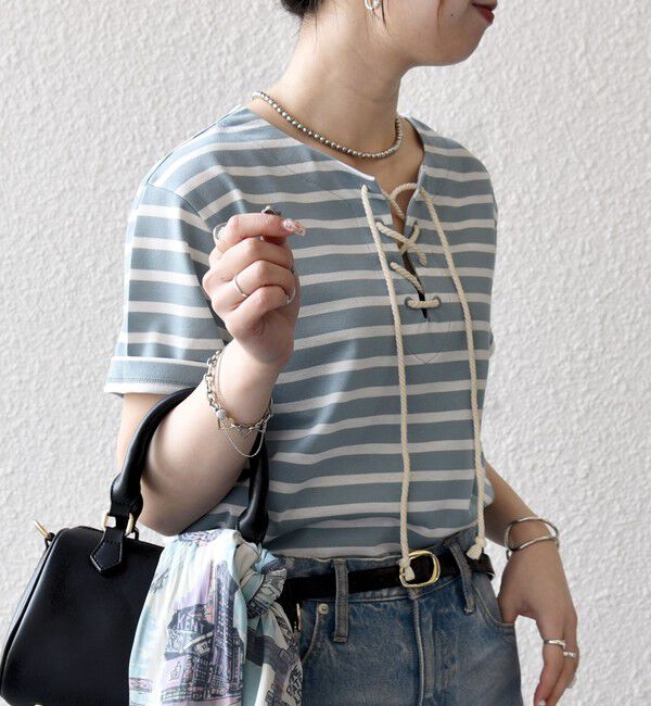 SHIPS any「《予約》SHIPS any:〈洗濯機可能〉マリンボーダー レースアップ ショートスリーブ TEE」|Tシャツ・カットソー|