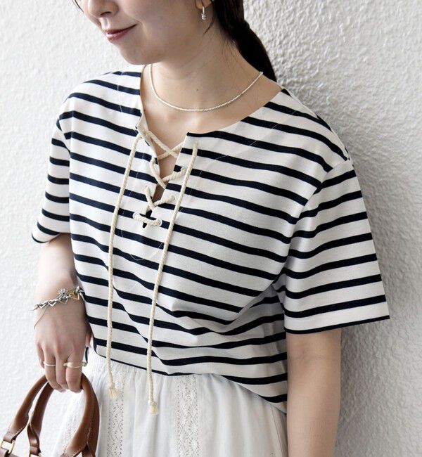 SHIPS any「《予約》SHIPS any:〈洗濯機可能〉マリンボーダー レースアップ ショートスリーブ TEE」|Tシャツ・カットソー|ネイビー