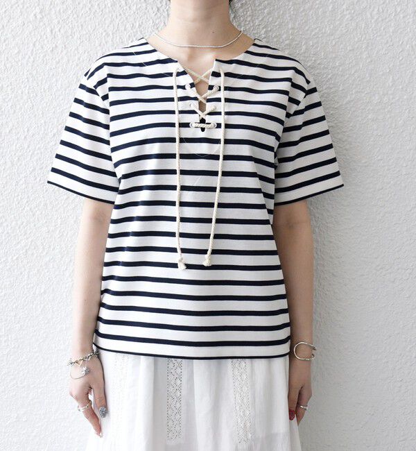 SHIPS any「《予約》SHIPS any:〈洗濯機可能〉マリンボーダー レースアップ ショートスリーブ TEE」|Tシャツ・カットソー|