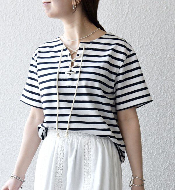 SHIPS any「《予約》SHIPS any:〈洗濯機可能〉マリンボーダー レースアップ ショートスリーブ TEE」|Tシャツ・カットソー|