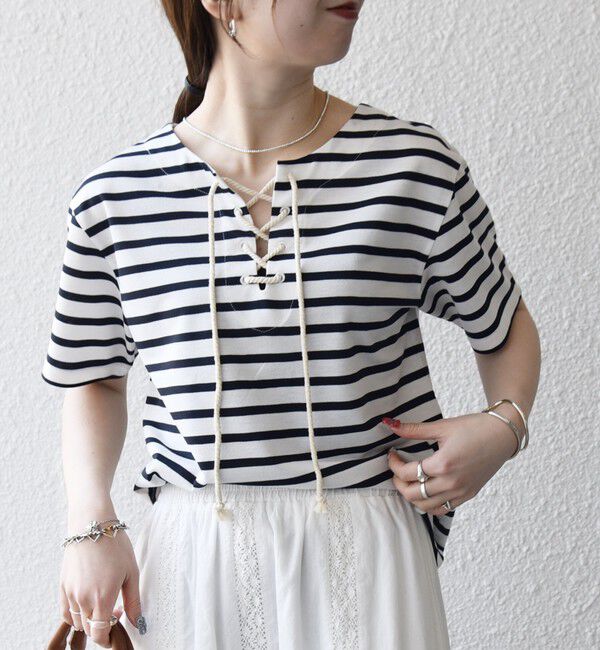 SHIPS any「《予約》SHIPS any:〈洗濯機可能〉マリンボーダー レースアップ ショートスリーブ TEE」|Tシャツ・カットソー|
