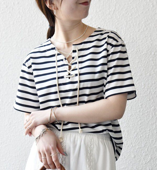 SHIPS any「《予約》SHIPS any:〈洗濯機可能〉マリンボーダー レースアップ ショートスリーブ TEE」|Tシャツ・カットソー|