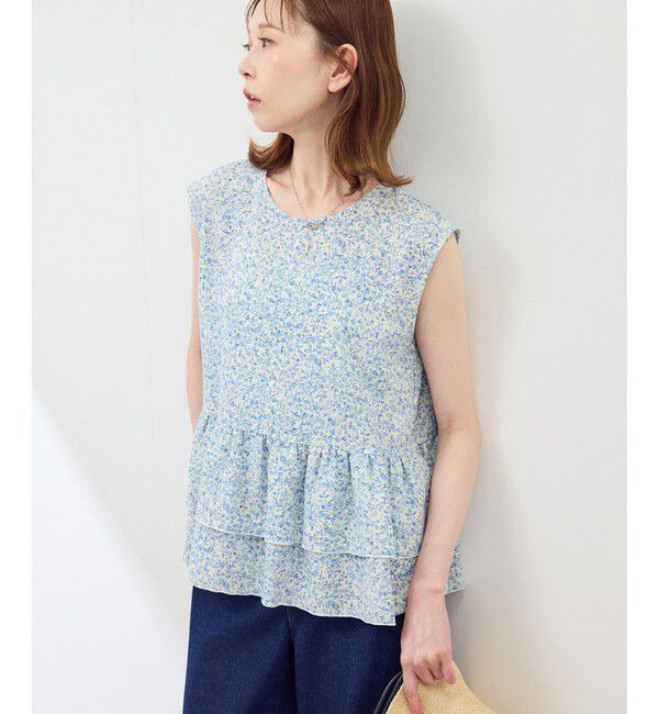 Rope&rsquo;Picnic「小花柄ティアードゼロスリーブブラウス」|シャツ・ブラウス|ブルー(44)