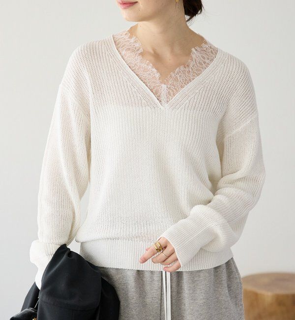  「予約【トレンド感抜群】ペーパーヤーンレース衿ニット」|ニット・セーター|