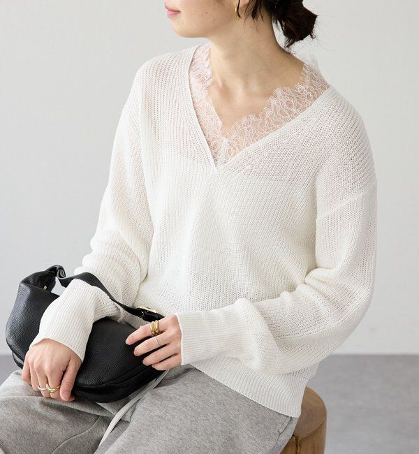  「予約【トレンド感抜群】ペーパーヤーンレース衿ニット」|ニット・セーター|