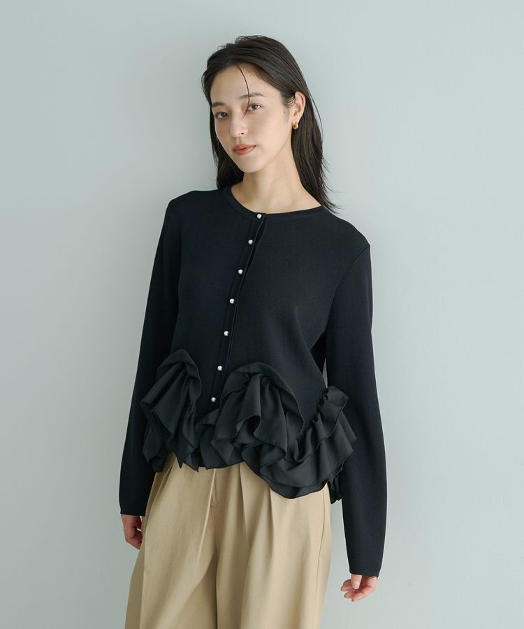 YECCA VECCA「パール釦ラッフルカーディガン」|カーディガン|