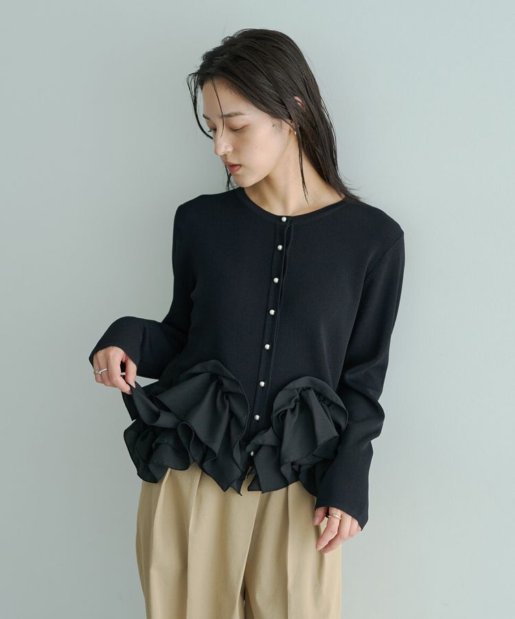 YECCA VECCA「パール釦ラッフルカーディガン」|カーディガン|