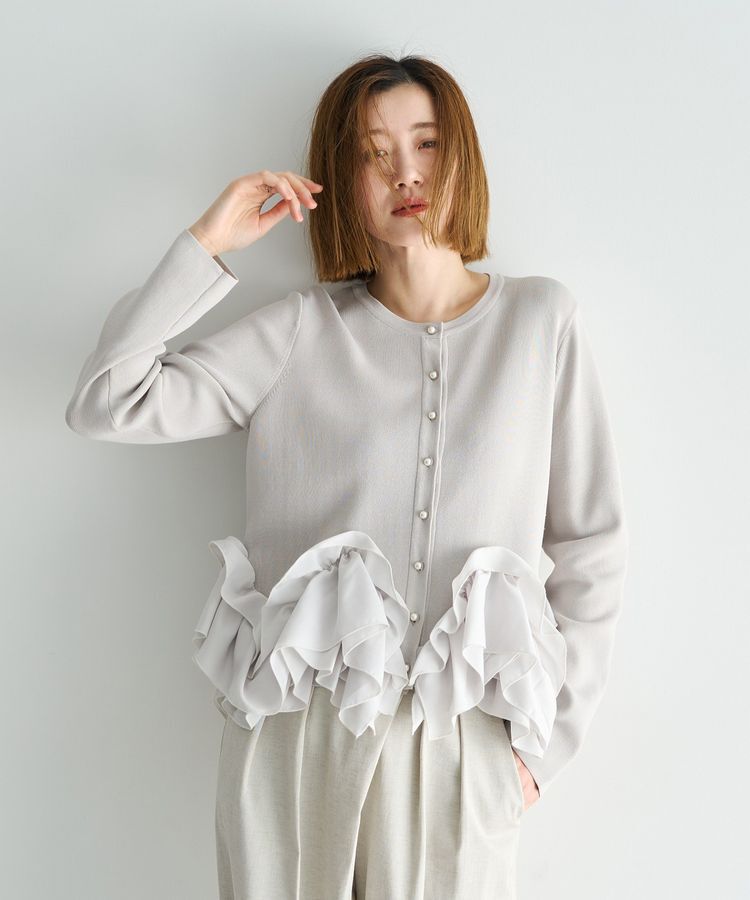 YECCA VECCA「パール釦ラッフルカーディガン」|カーディガン|Gray Beige
