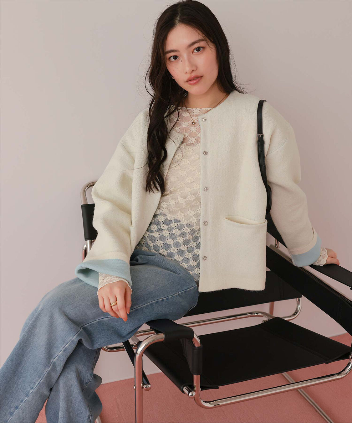 titivate「配色デザインニットコート/カーディガン」|ノーカラーコート|