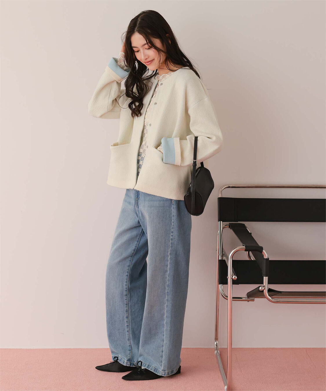 titivate「配色デザインニットコート/カーディガン」|ノーカラーコート|