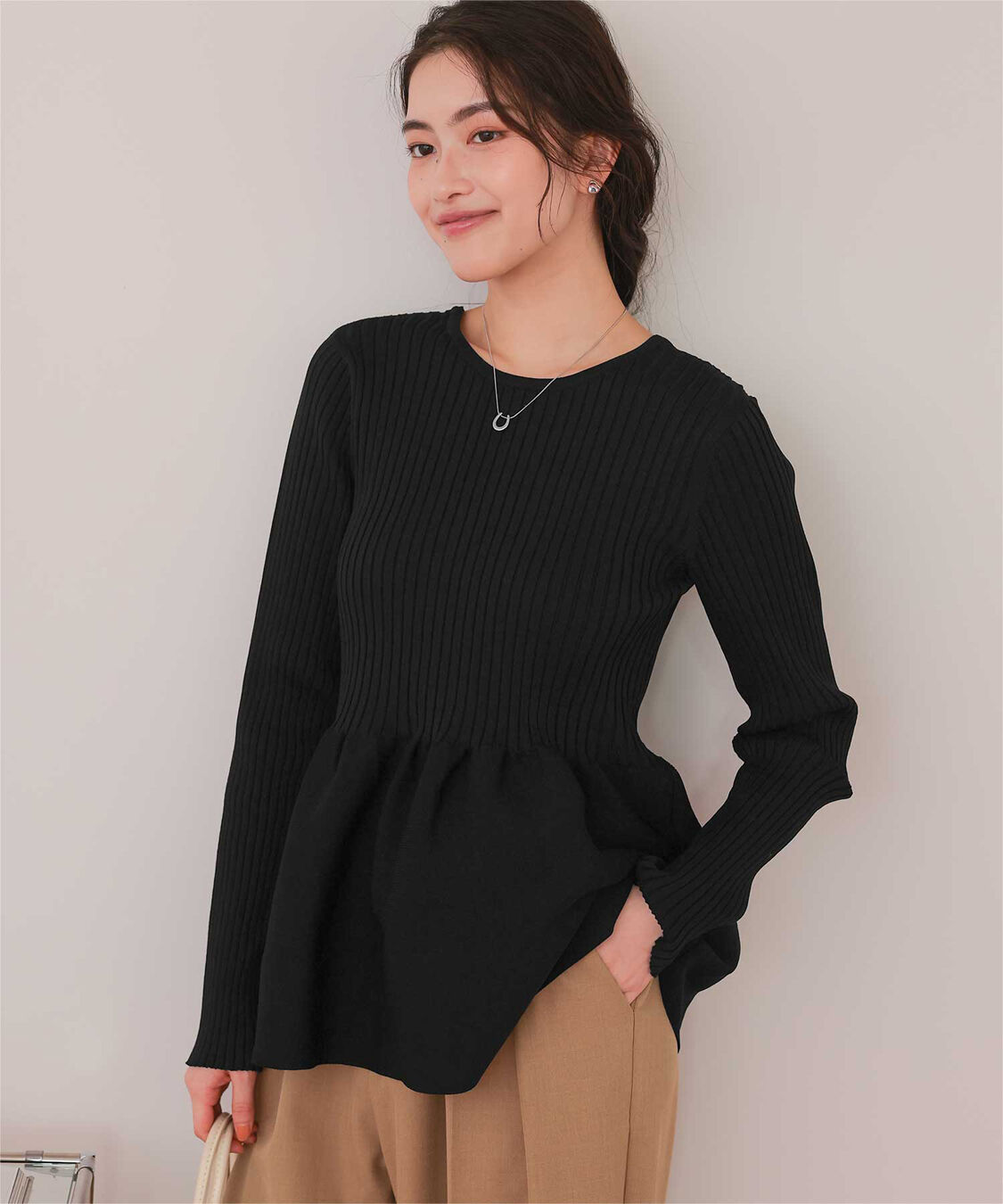 titivate「前後2wayヘンリーネックペプラムニットトップス」|ニット・セーター|ブラック