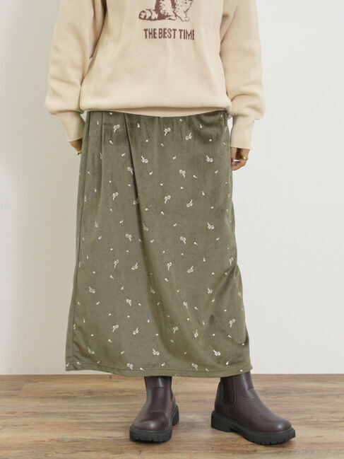 Samansa Mos2「ベロアプリーツ/刺繍アソートナロースカート」|スカート|カーキ