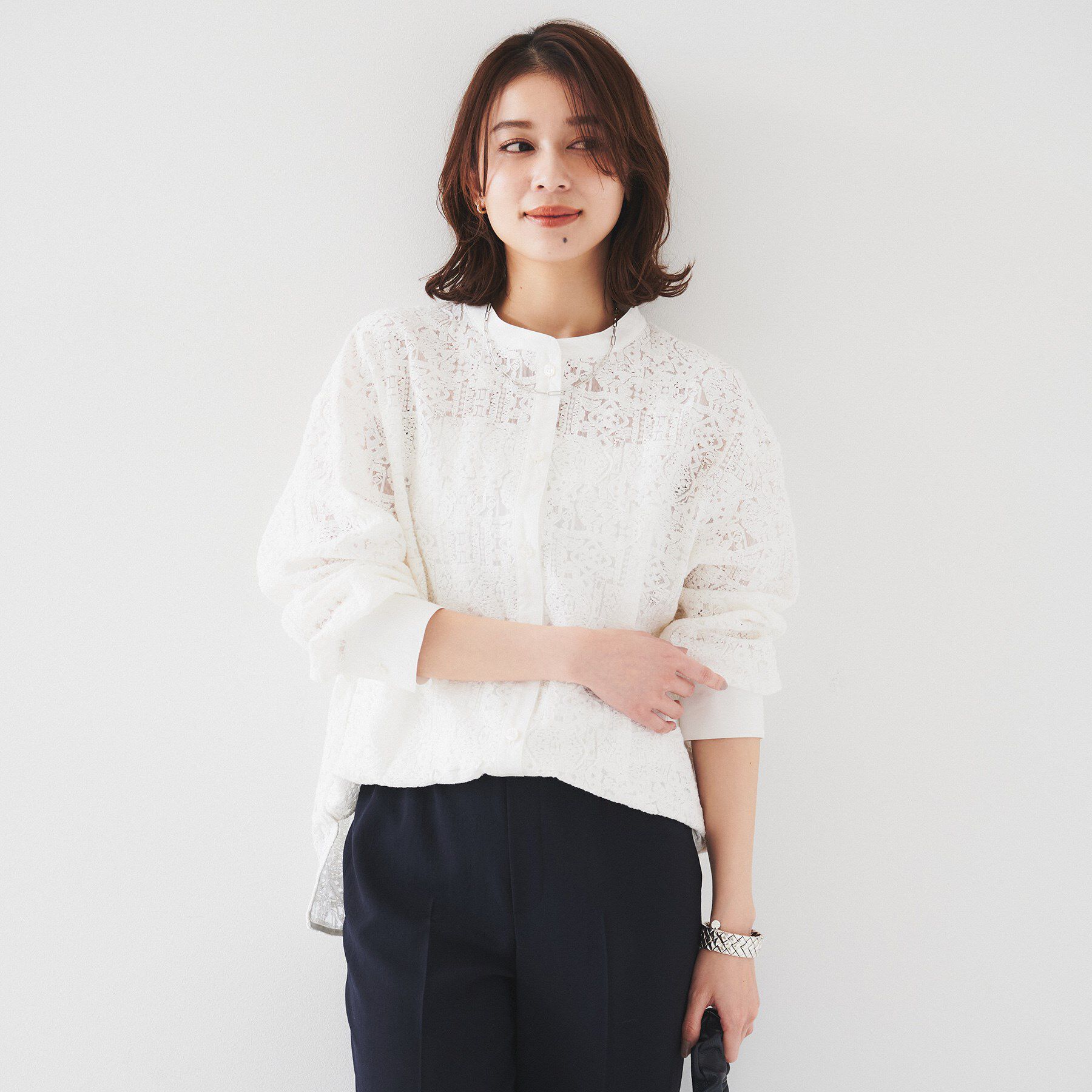 UNTITLED「【セットアップ可能/トレンド】クロシェ風レースシャツ」|シャツ・ブラウス|オフホワイト(003
