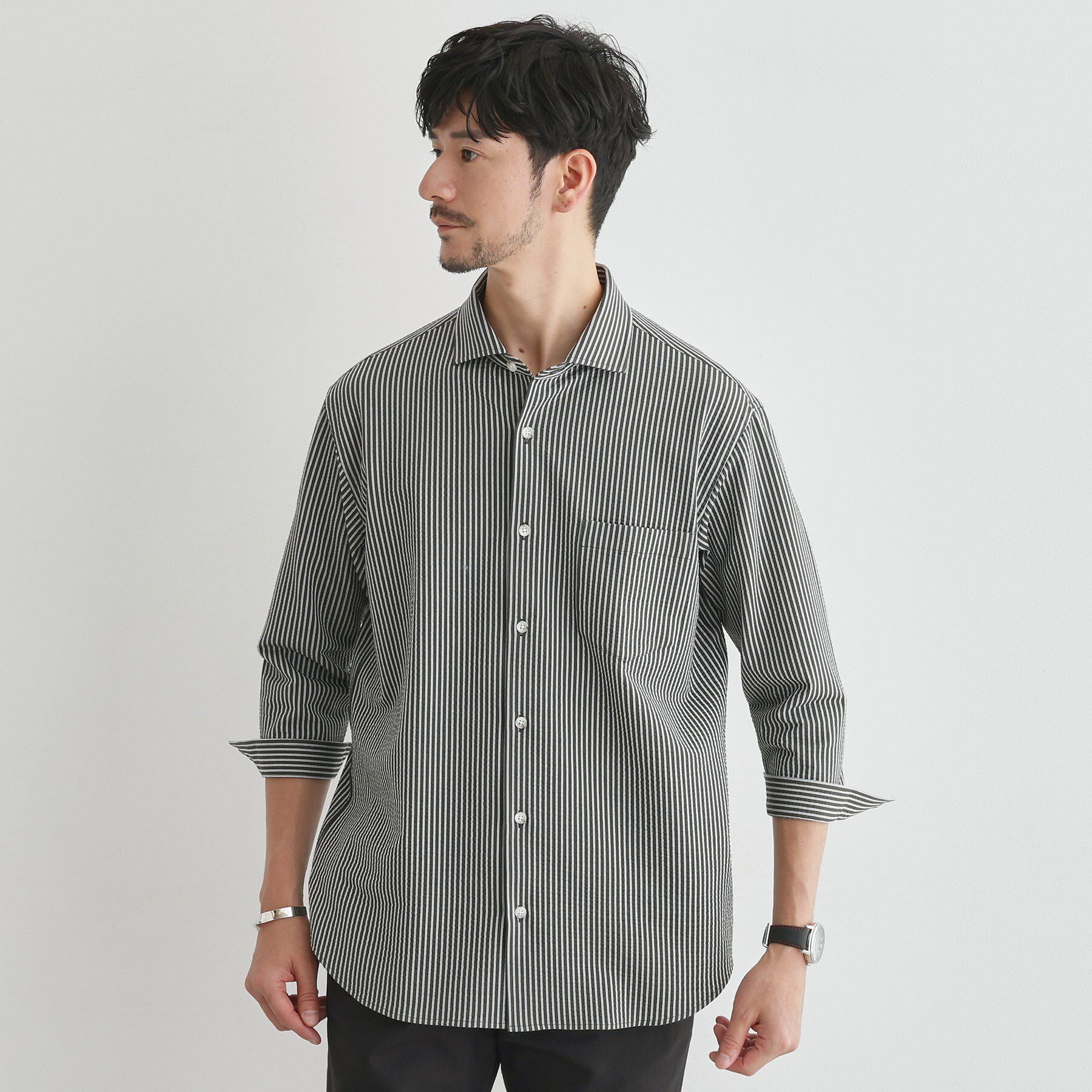 TAKEO KIKUCHI「【抗菌防臭／7分袖】サッカージャージ ストライプシャツ」|シャツ・ブラウス|