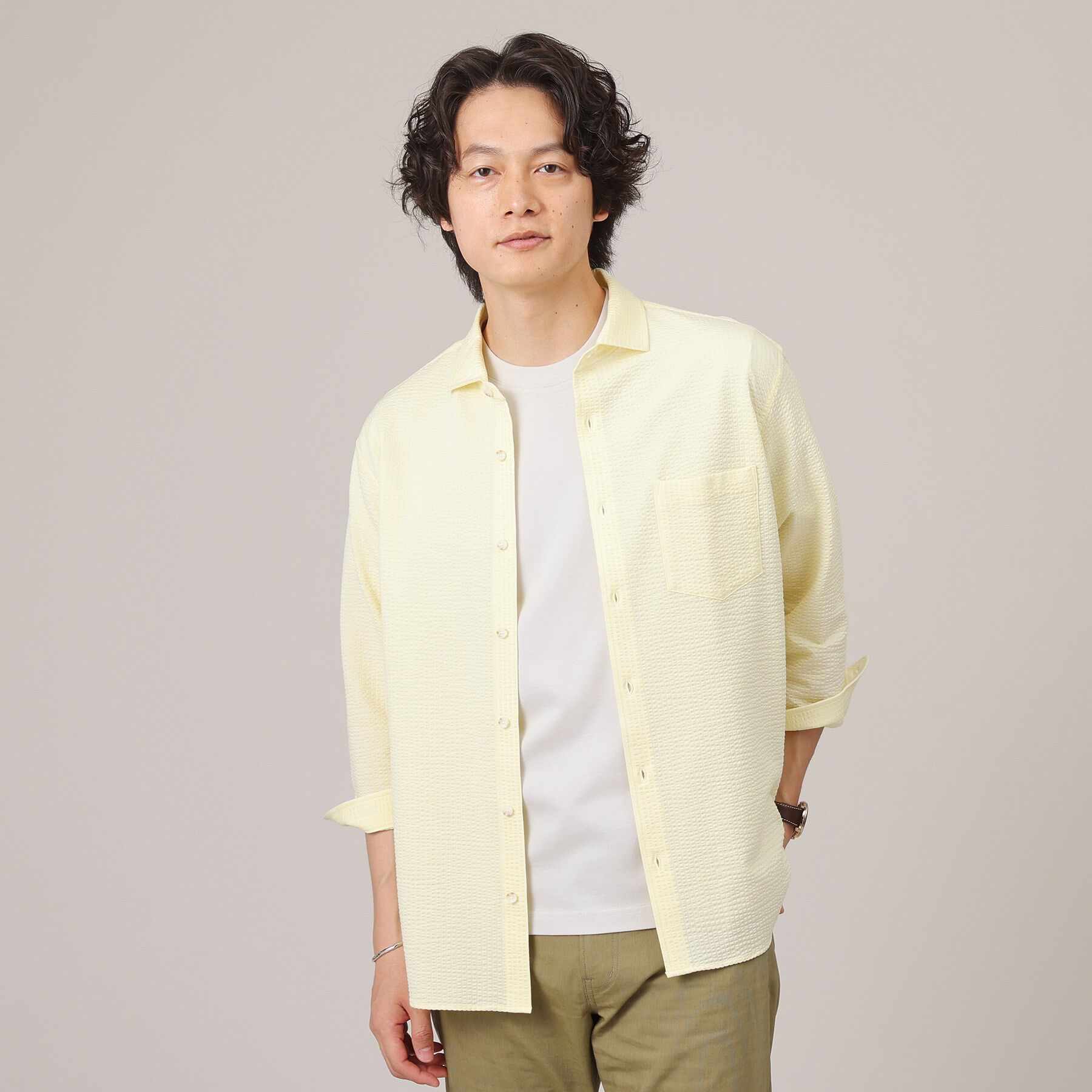 TAKEO KIKUCHI「【抗菌防臭／7分袖】サッカージャージ ストライプシャツ」|シャツ・ブラウス|イエロー系(330)
