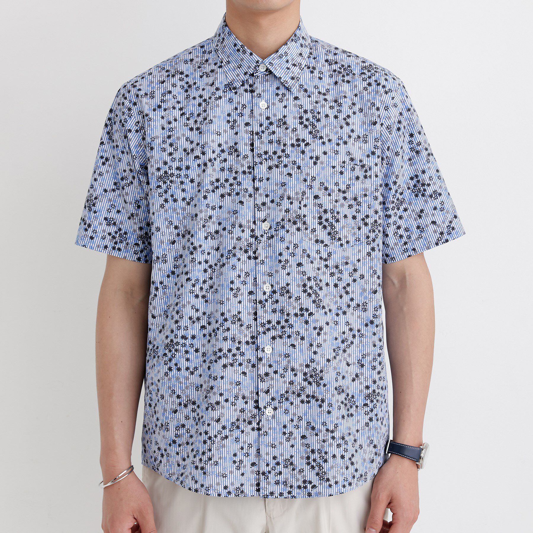 TAKEO KIKUCHI「ストライプ小花プリント 半袖シャツ」|シャツ・ブラウス|