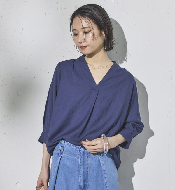 Doux archives「ウォッシャブルリネンライクＶ開きタックブラウス」|シャツ・ブラウス|NAVY