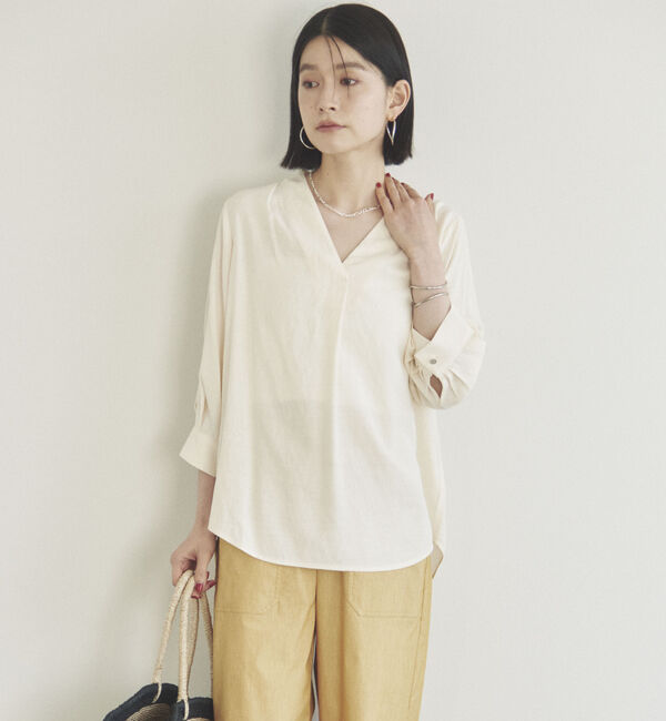 Doux archives「ウォッシャブルリネンライクＶ開きタックブラウス」|シャツ・ブラウス|