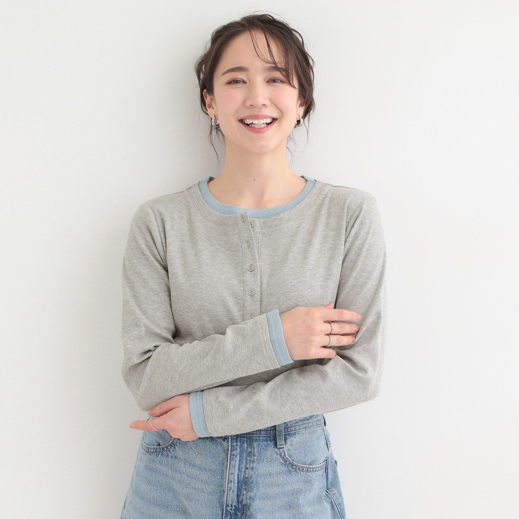 SHOO･LA･RUE「1枚でもサマになる！ レイヤード風配色 ヘンリーネック テレコロンT」|Tシャツ・カットソー|