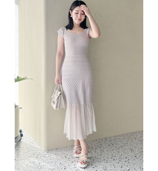 MERCURYDUO「バイカラーシースルーヘムニットワンピース」|ワンピース|