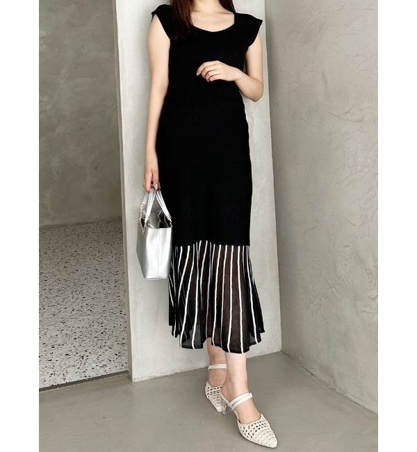 MERCURYDUO「バイカラーシースルーヘムニットワンピース」|ワンピース|